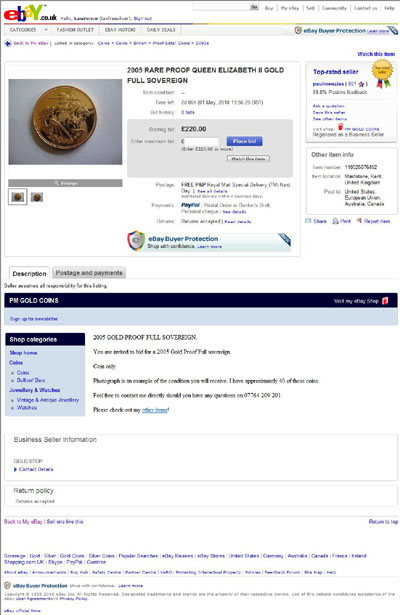 *********** 2005 'Rare Proof' Gold Sovereign eBay Auction Listing